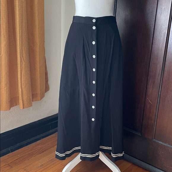 Vintage 80s Liz Sport Sailor Skirt Black White Striped Midi Rayon - Picture 1 of 6
